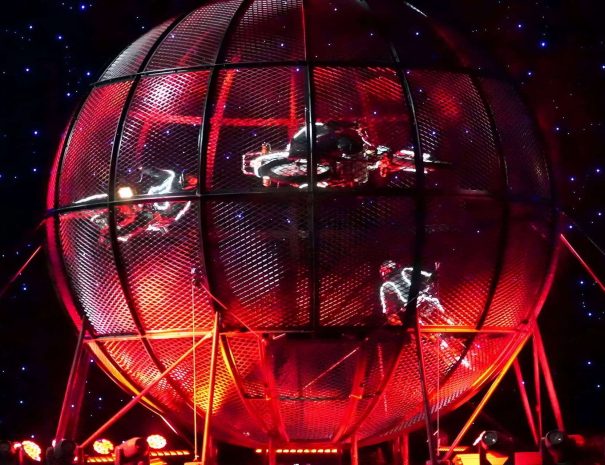 Six motorcycles performing simultaneously inside steel cage at Chaoyang Theatre Beijing