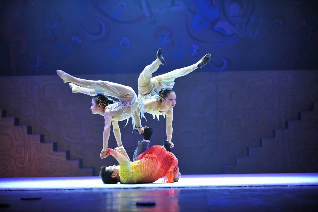 Chaoyang Theatre acrobatics show featuring Chinese performers on stage in Beijing