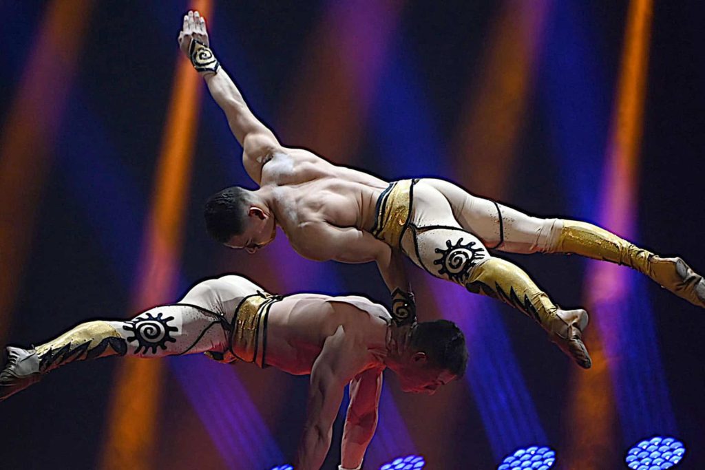 Chaoyang Theatre acrobatics show featuring Chinese performers on stage in Beijing